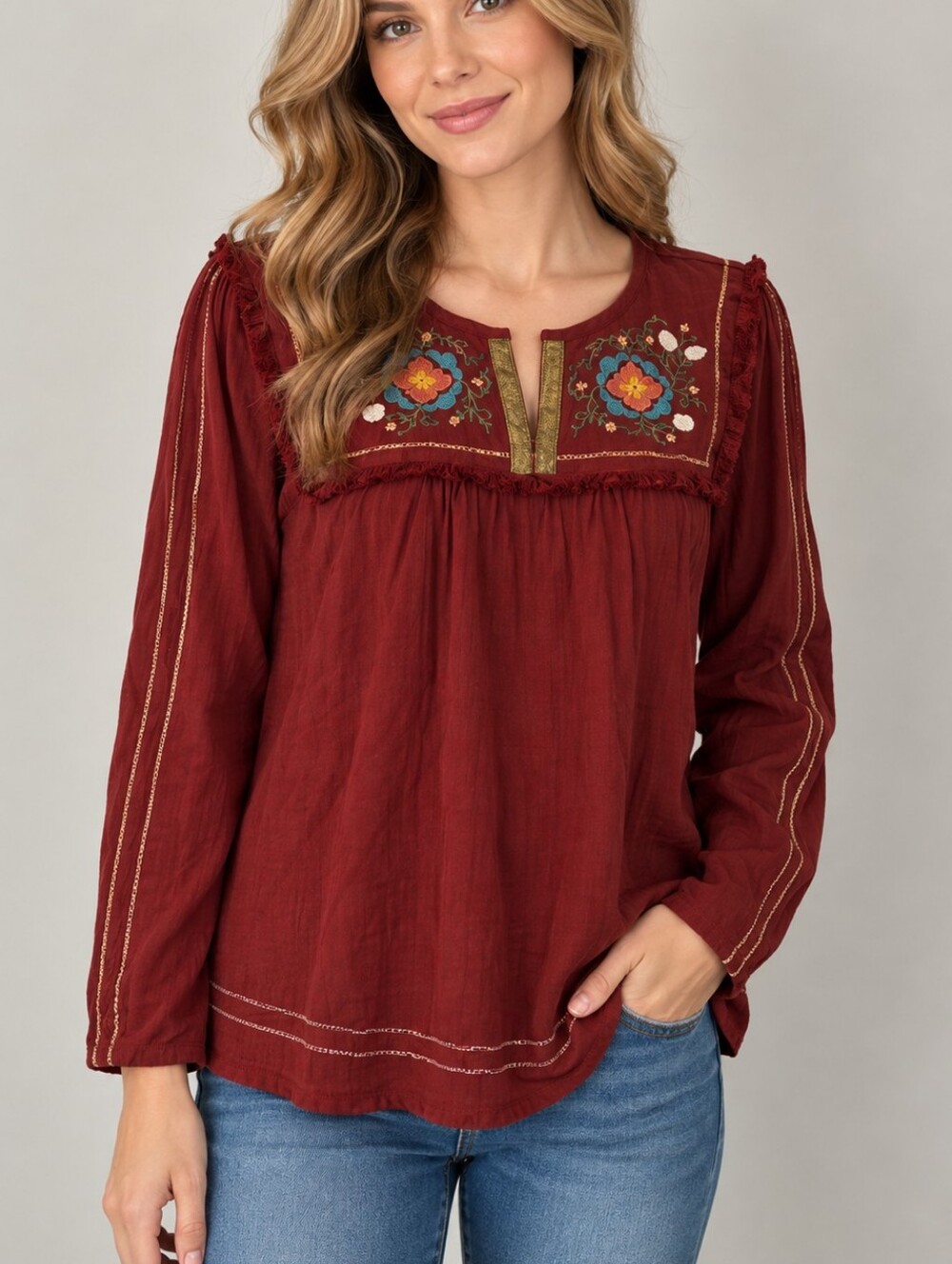 GRACE & LACE Floral Mexican Embroidered Maroon Fringe Long Sleeve Cotton Top